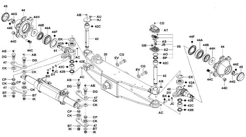 Schematic representation of Toyota 8FGC32 forklift rear steering parts